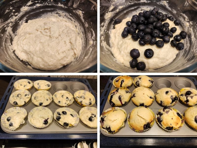 Collage of four photos displaying step by step process of making vegan lemon and blueberry muffins