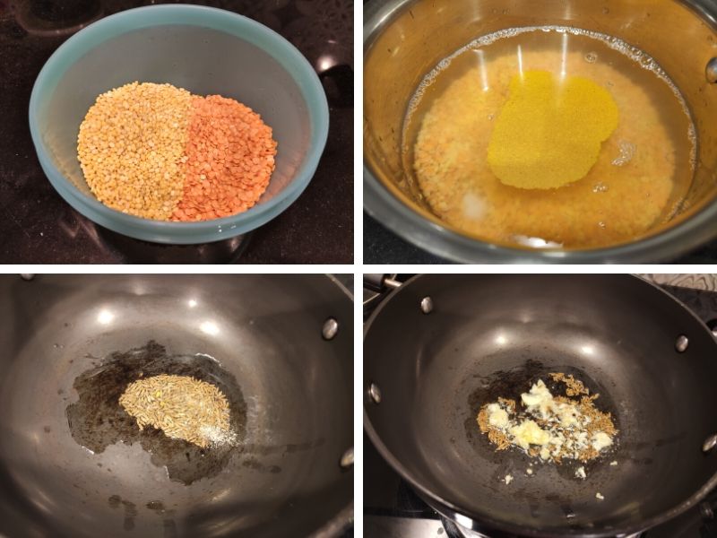 collage of 4 photos showing the step by step process of making moong masoor dal
