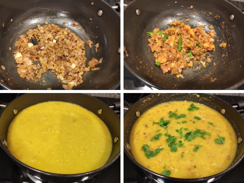 collage of 4 photos showing the step by step process of making moong masoor dal