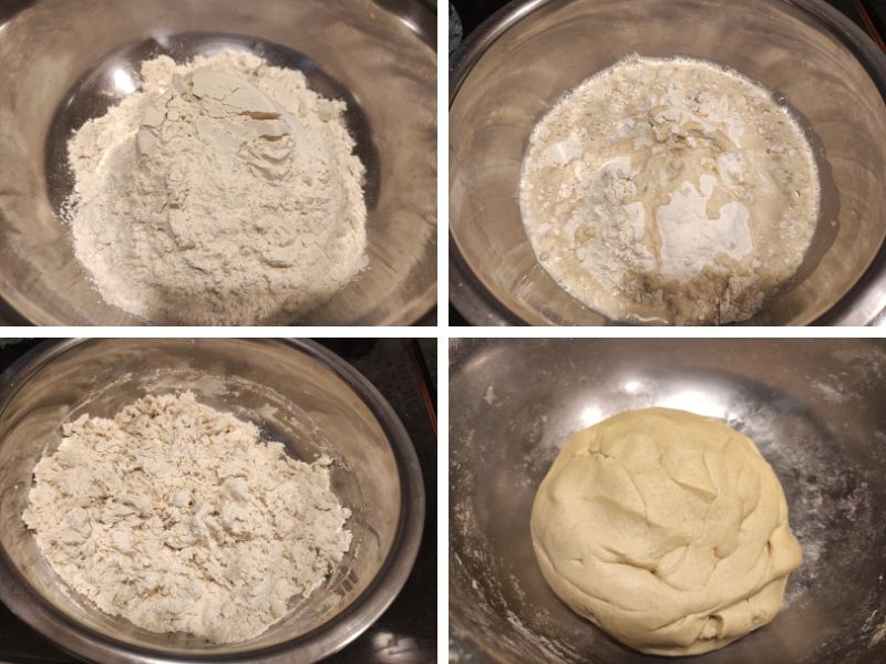 Collage of 4 photos showing step by step process of making aloo paratha