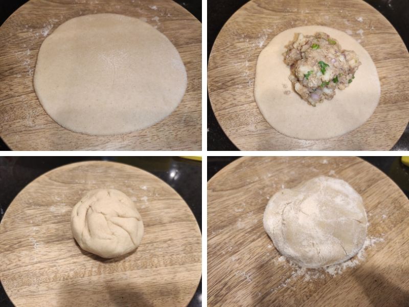 Collage of 4 photos showing step by step process of making aloo paratha