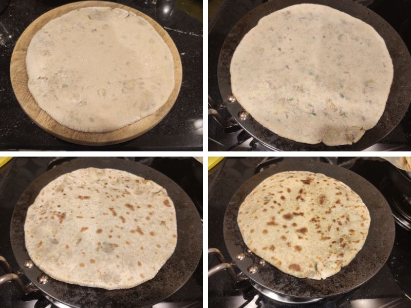 Collage of 4 photos showing step by step process of making aloo paratha