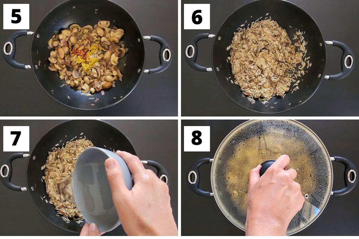 Collage of images of steps 5 to 8 of mushroom rice recipe.