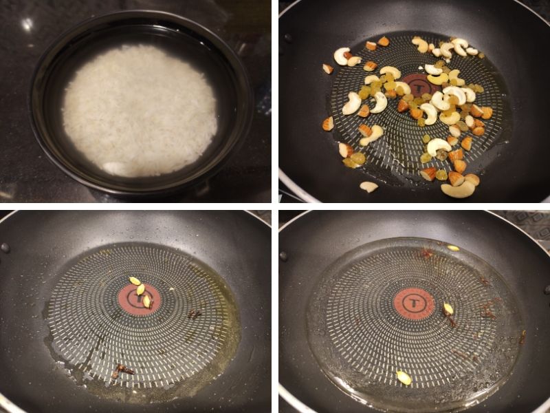 Collage of 4 photos showing step by step process of making meethe chawal