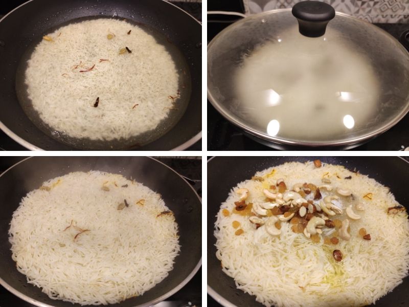 Collage of 4 photos showing step by step process of making meethe chawal