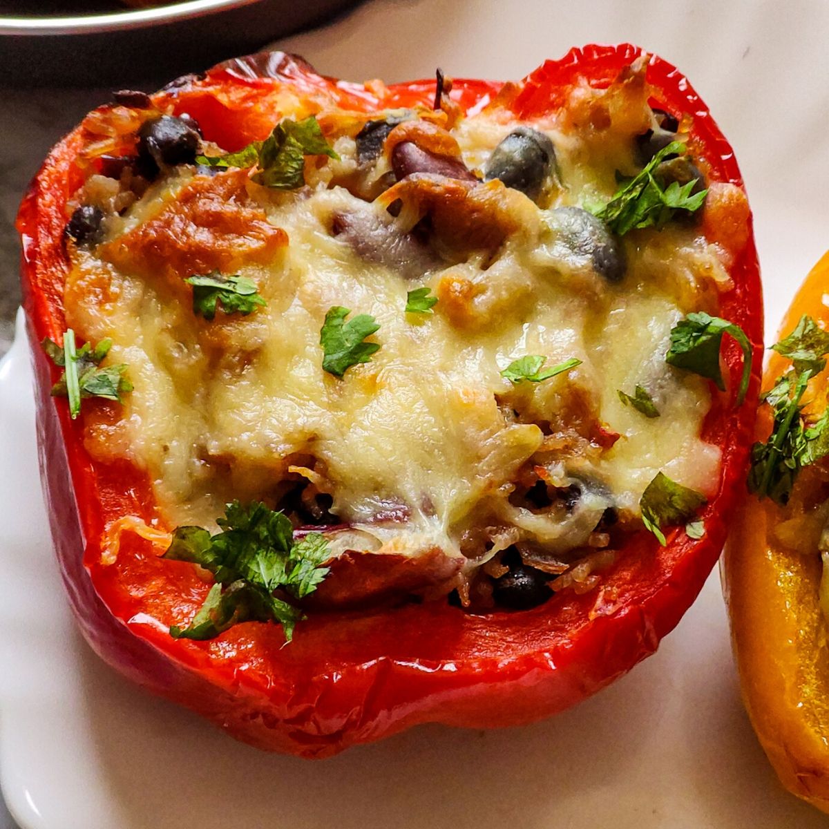 one piece of stuffed red bell pepper kept on a white plate and a small portion of yellow bell pepper also visible on the side