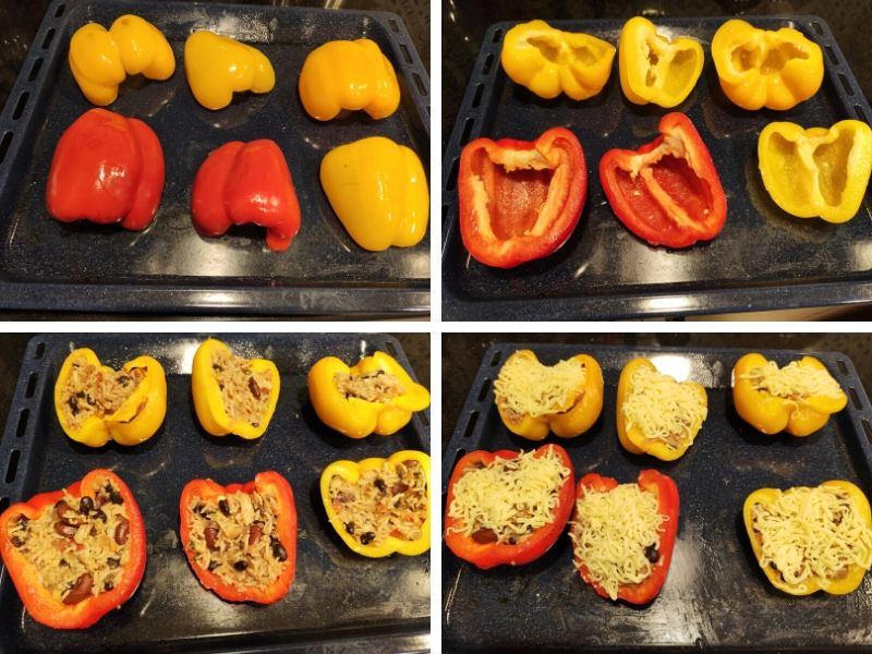 collage of 4 photos showing step by step process of making stuffed peppers