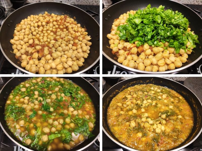 Collage of 4 photos showing step by step process of making chickpea curry with spinach