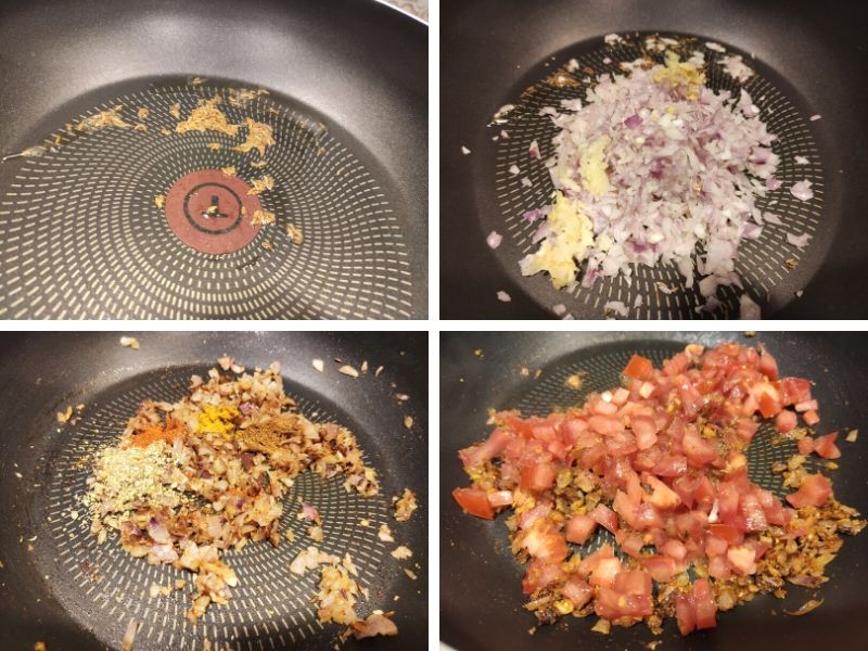 Collage of 4 photos showing step by step process of making chickpea curry with spinach