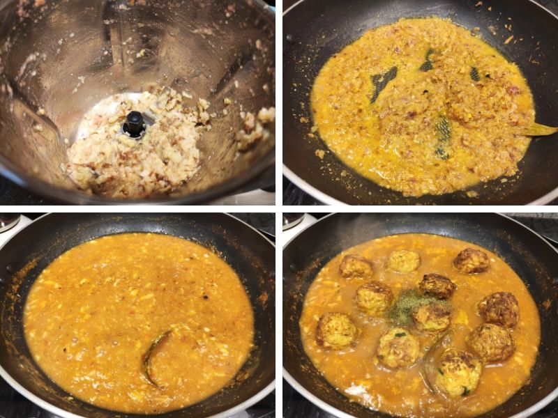 Collage of 4 photos showing step by step process of lauki ke kofte