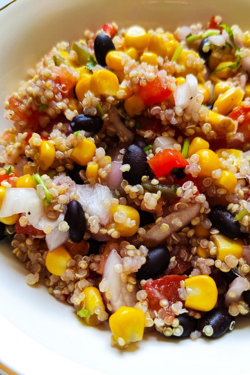 Mexican quinoa salad served in a white bowl