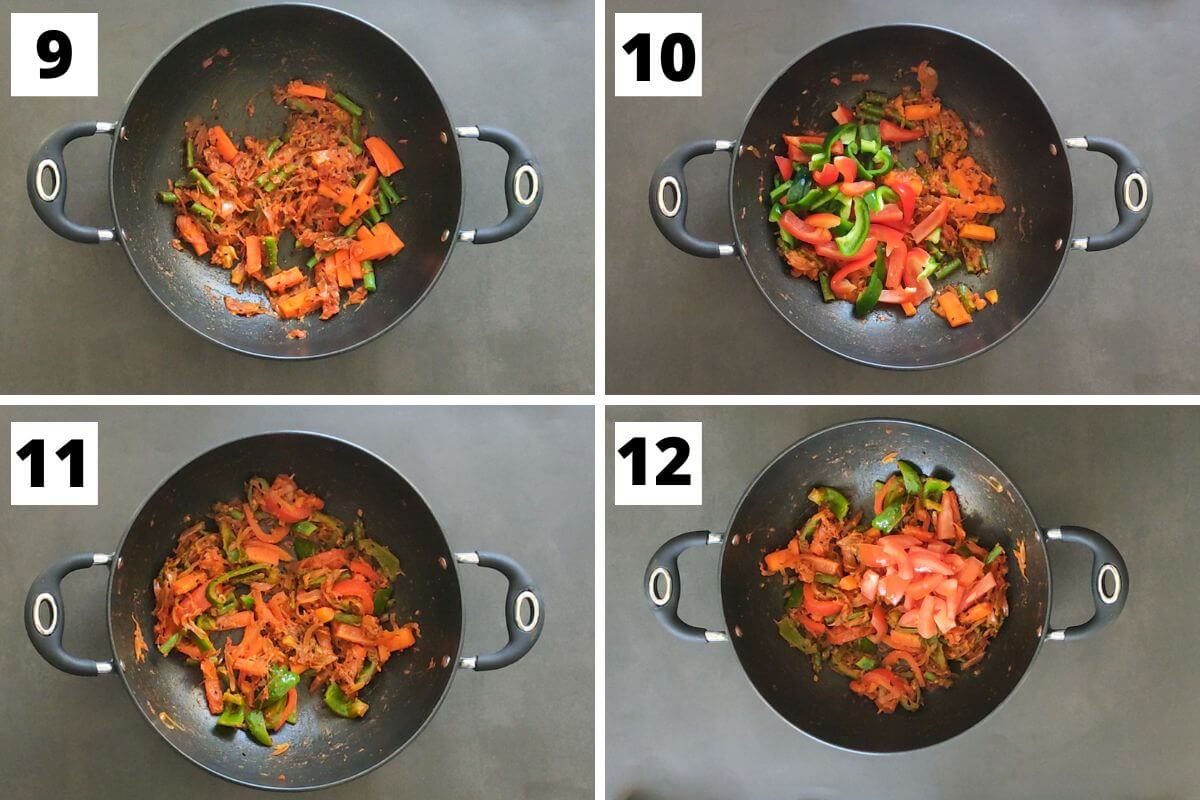 Collage of images of steps 9 to 12 of paneer jalfrezi recipe.