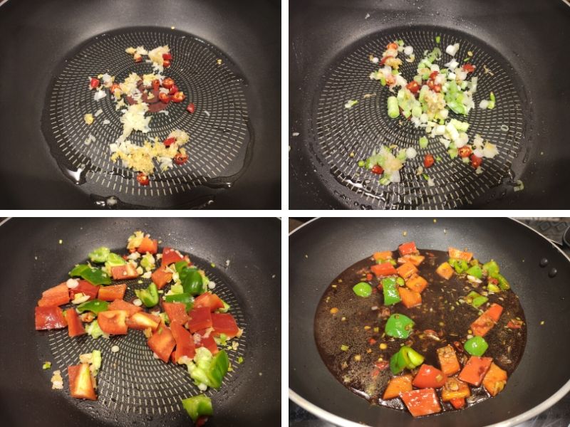Collage of 4 photos showing the step by step process of making Stir fried Pineapple tofu