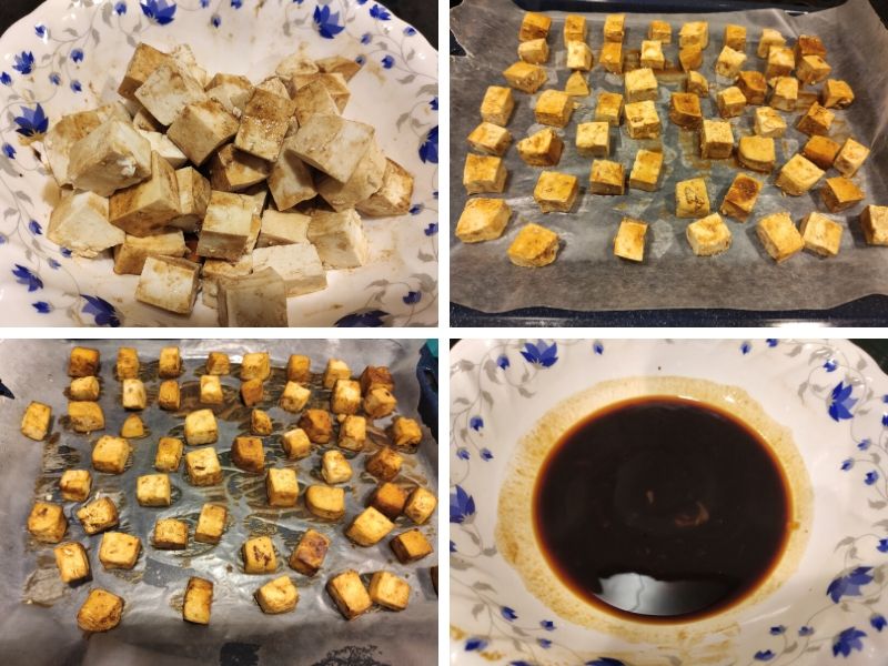 Collage of 4 photos showing the step by step process of making Stir fried Pineapple tofu
