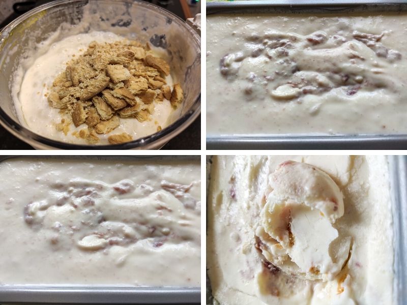 Collage of 4 photos showing the step by step process of making strawberry cheesecake ice cream