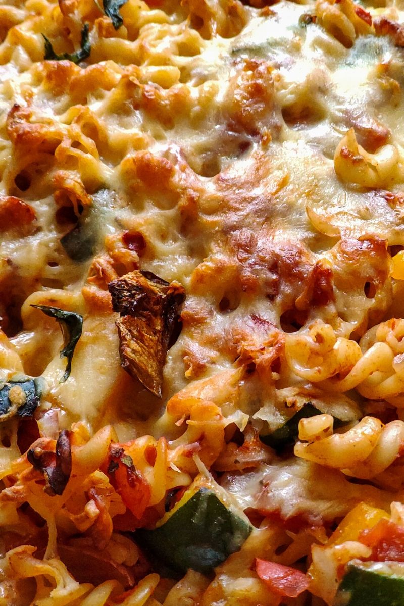 Close up shot of vegetarian baked pasta