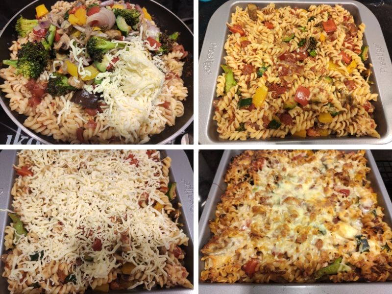 Collage of 4 photos showing the step by step process of making baked vegetable pasta