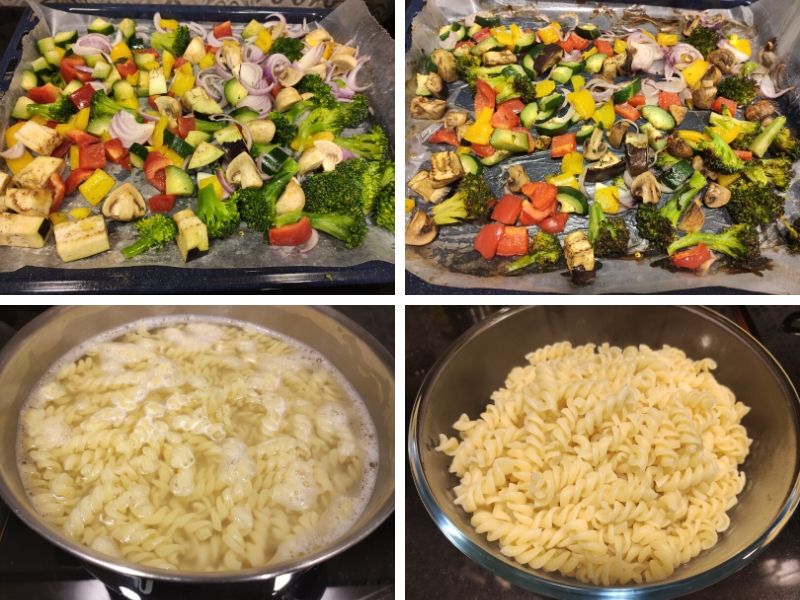 Collage of 4 photos showing the step by step process of making baked vegetable pasta