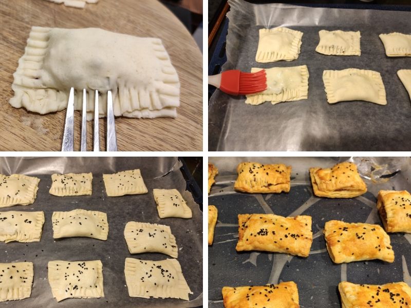 Collage of 4 photos showing the step by step process of making veg pastry puffs