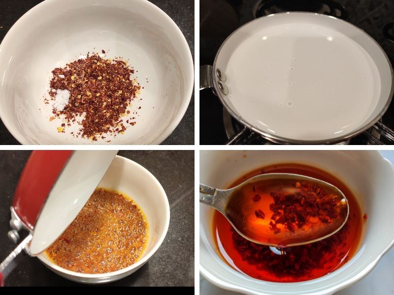 Collage of 4 photos showing step by step process of making chili oil