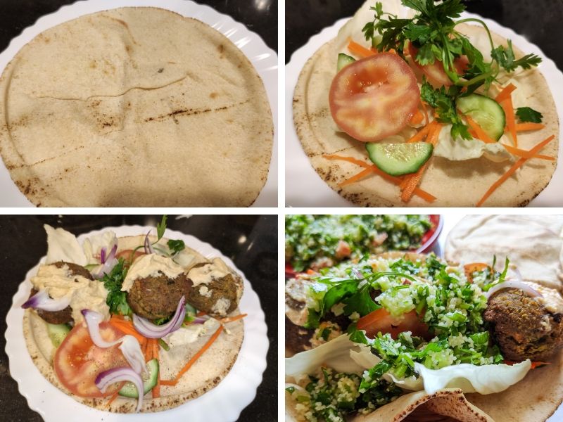 collage of 4 photos showing the steps of making falafel wraps
