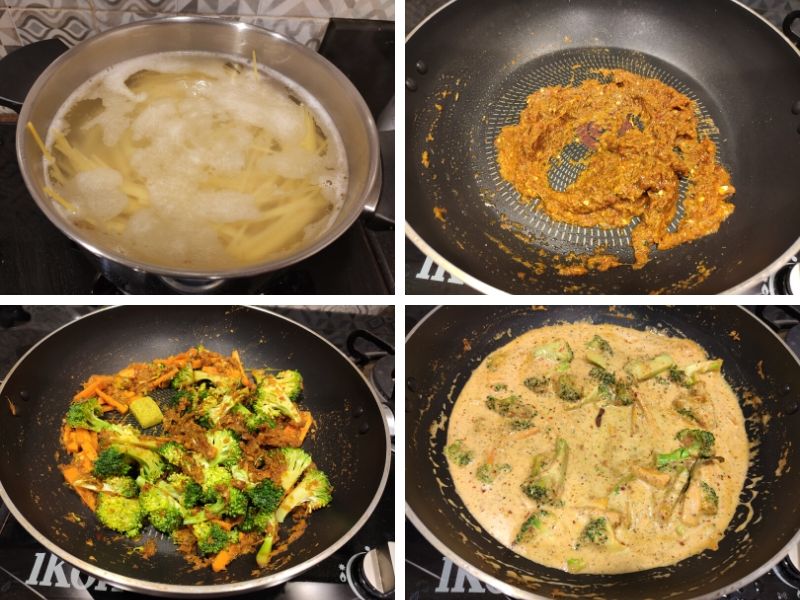 Collage of 4 photos showing step by step process of making Thai curry noodles