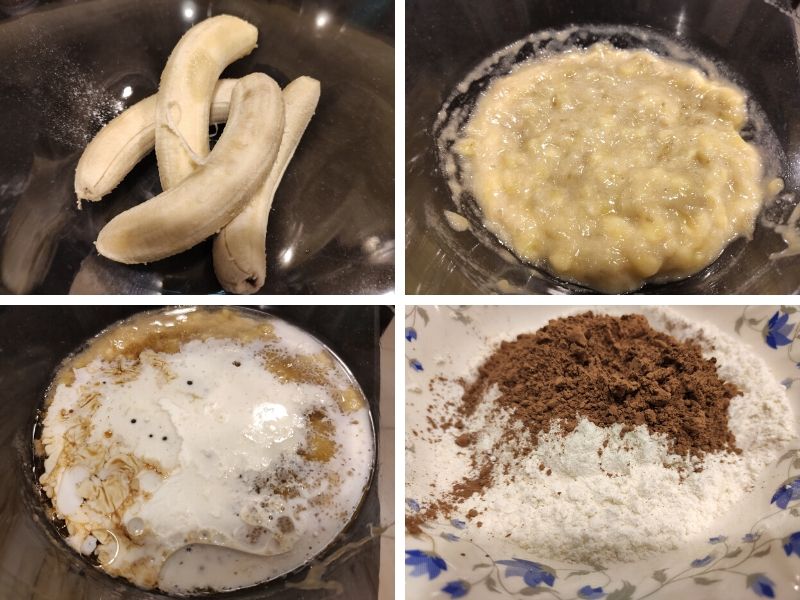 Collage of 4 photos showing step by step process of making vegan chocolate banana bread