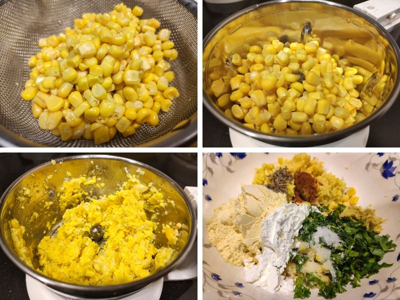 Collage of 4 photos showing step by step process of making easy corn fritters