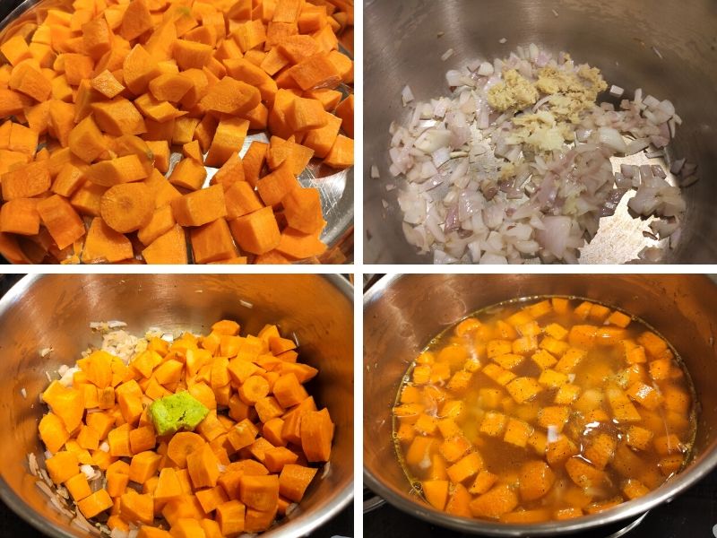 Collage of 4 photos showing the step by step process of making ginger carrot soup