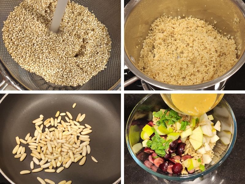 Collage of 4 photos showing the steps of making quinoa and fruit salad