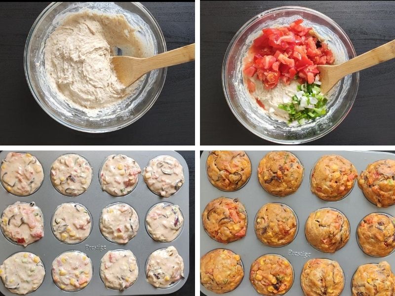 Collage of 4 photos showing the step by step process of making vegan savoury muffins