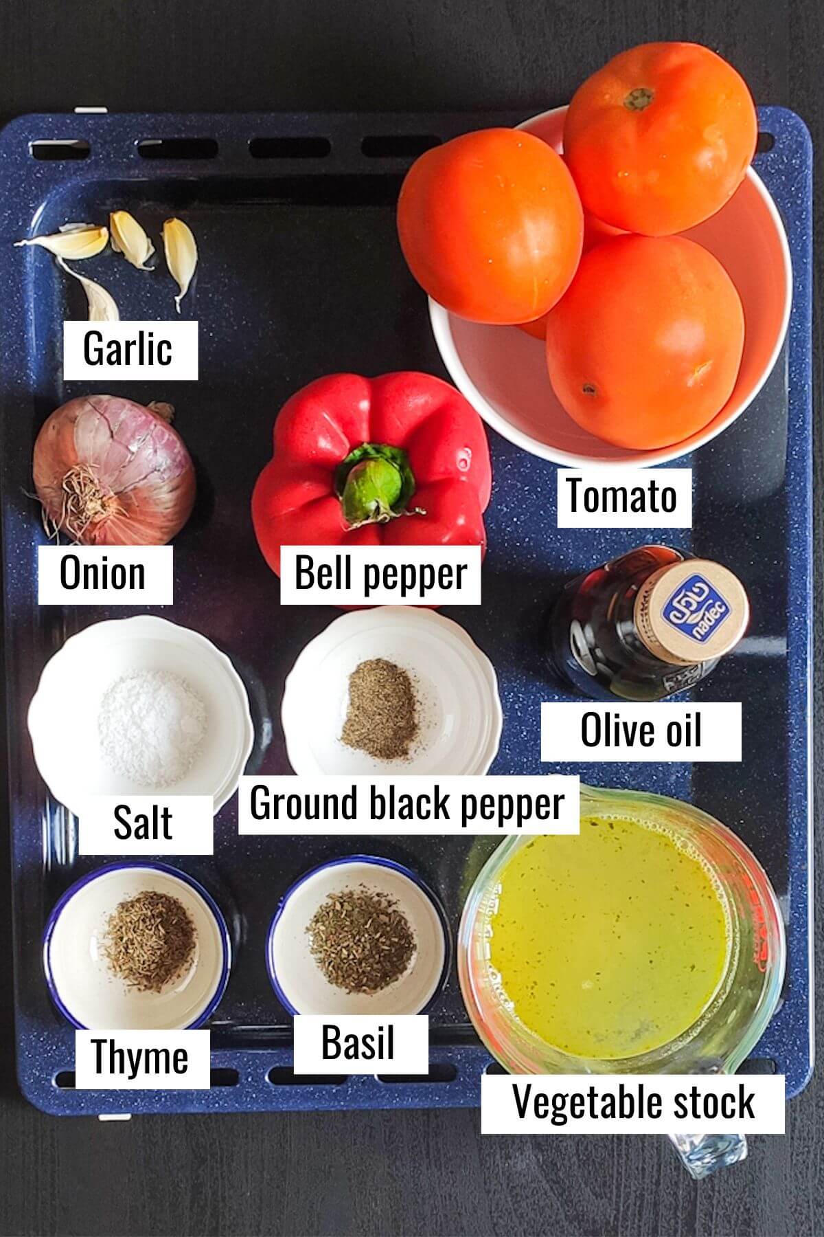 Ingredients for red pepper and tomato soup, labelled.