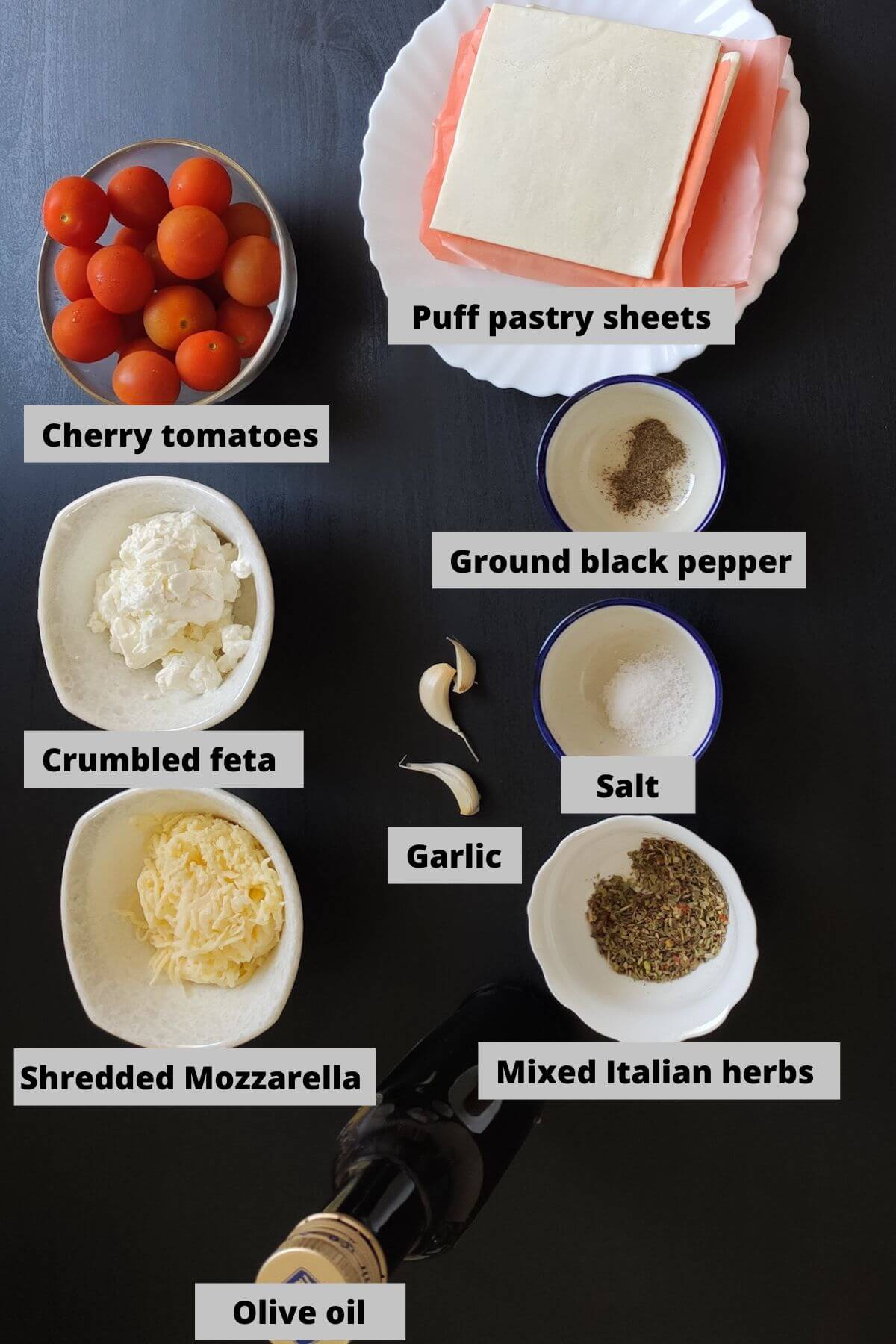 Ingredients required for cherry tomato puff pastry tart recipe, labelled.