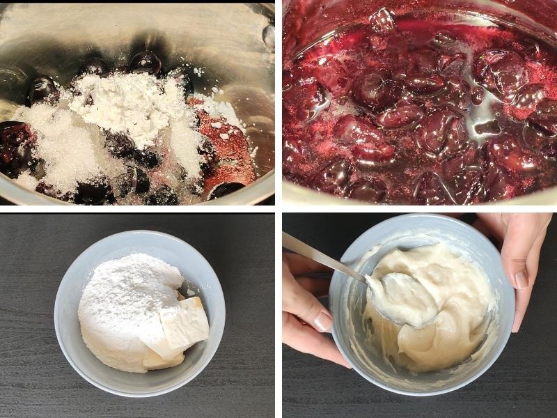 Collage of 4 photos showing step by step process of making cherry cheese danish