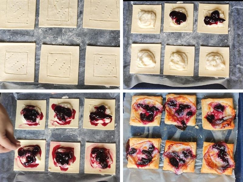 Collage of 4 photos showing step by step process of making cherry cheese danish