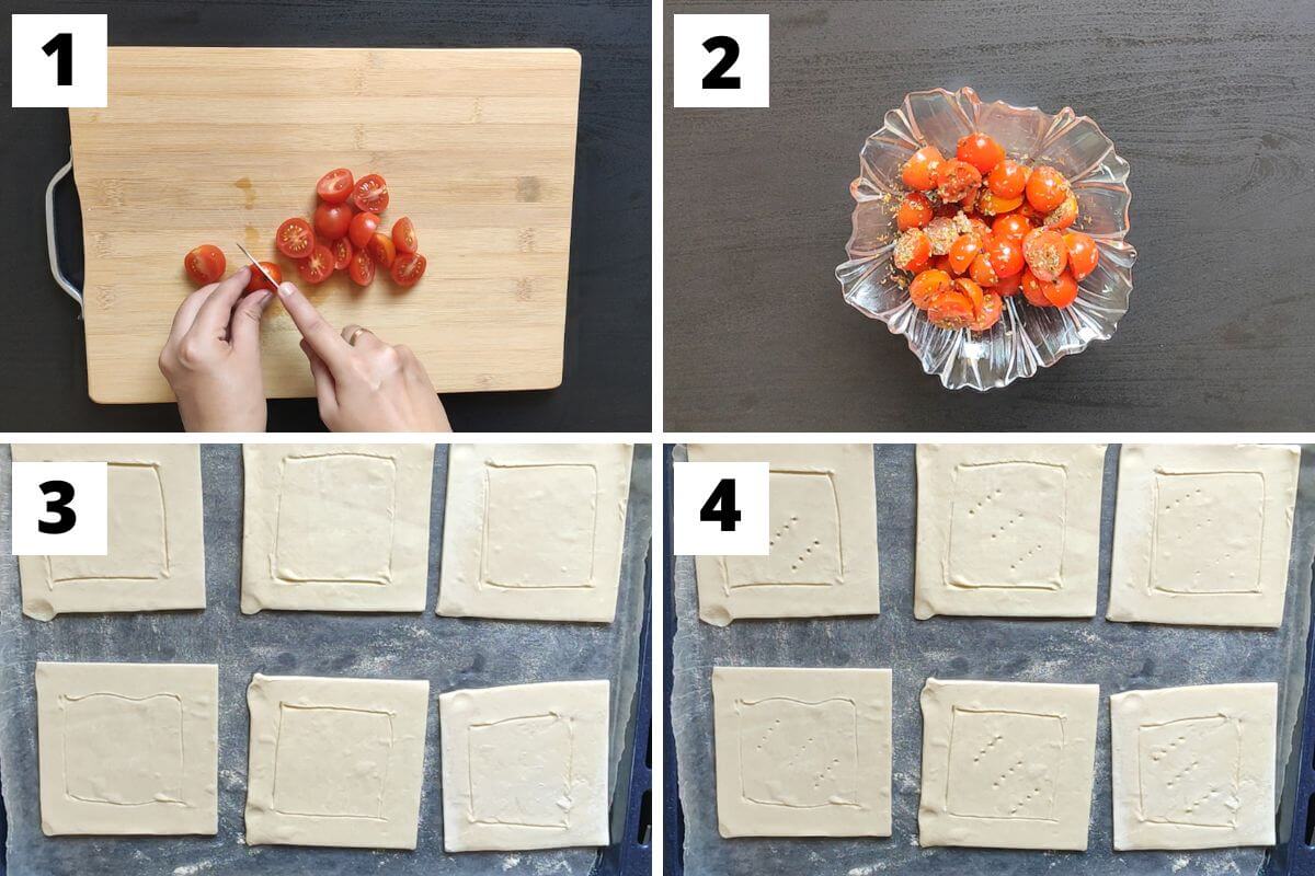 Collage of 4 photos showing steps of making tomato puff pastry tart
