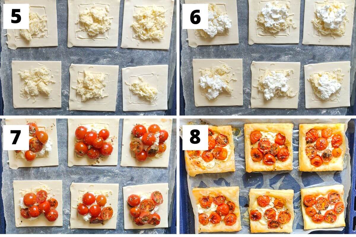 Collage of images of steps 5 to 8 of tomato puff pastry tart recipe.