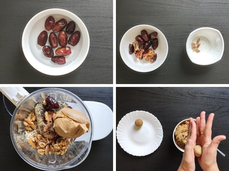 collage of 4 photos showing the steps of making vegan banana bread energy balls