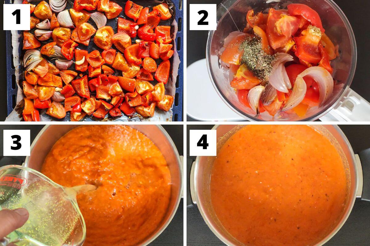 Collage of steps 1 to 4 of roasted red pepper and tomato soup recipe.