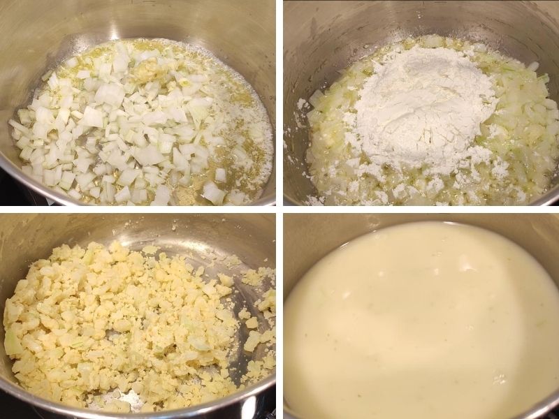 Collage of 4 photos showing steps of making cheese and broccoli soup
