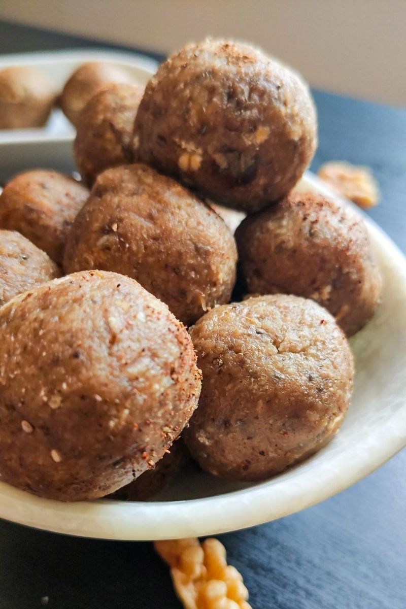 vegan banana balls served in a white bowl