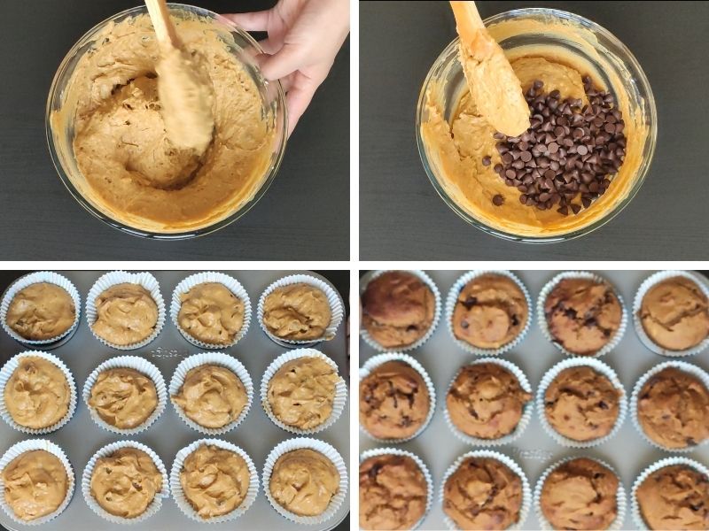 collage of 4 photos showing steps of making vegan chocolate pumpkin muffins