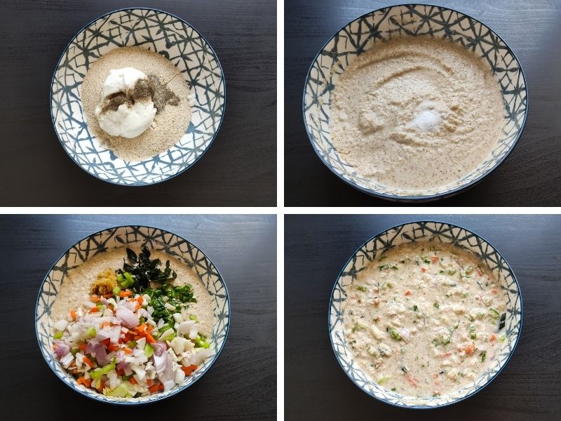 Collage of 4 photos showing the steps of making vegetable paniyaram