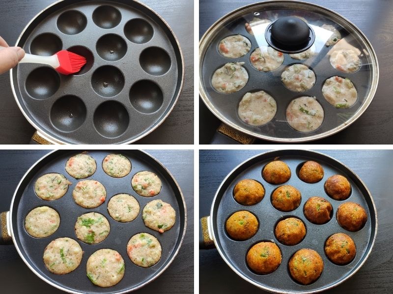 Collage of 4 photos showing the steps of making vegetable paniyaram