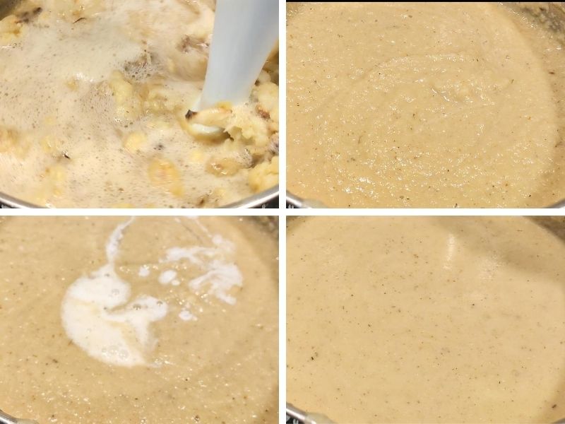 collage of 4 photos showing the steps of making roasted cauliflower soup