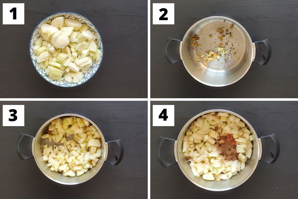 Collage of images of steps 1 to 4 of Indian apple chutney recipe.