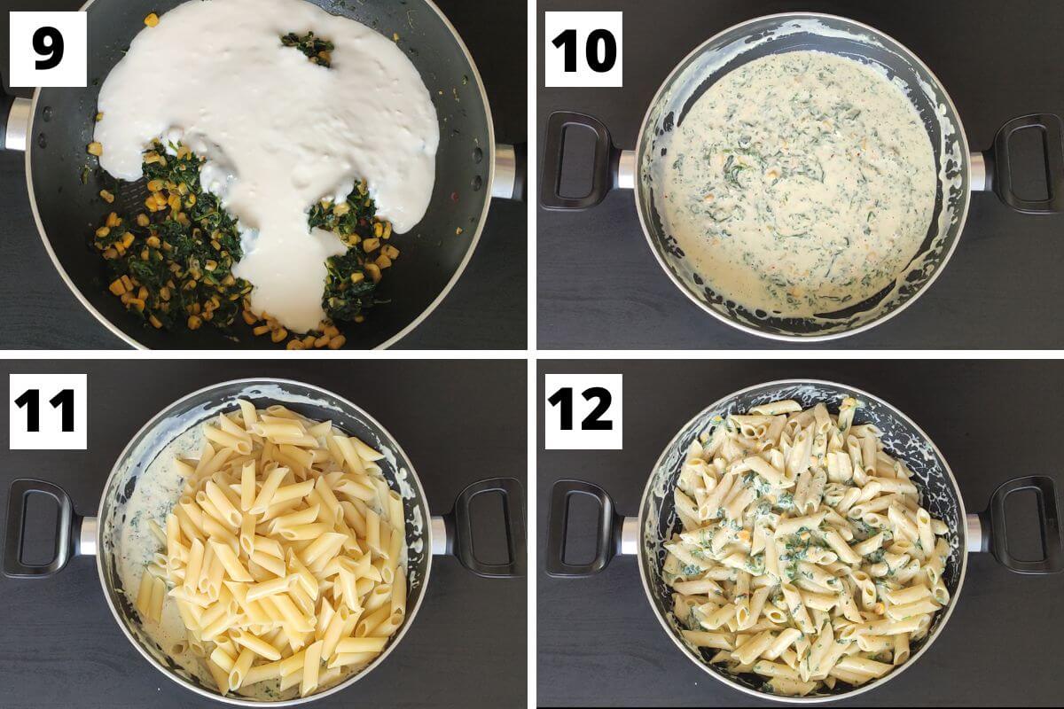 Collage of images of steps 9 to 12 of cream cheese pasta recipe.