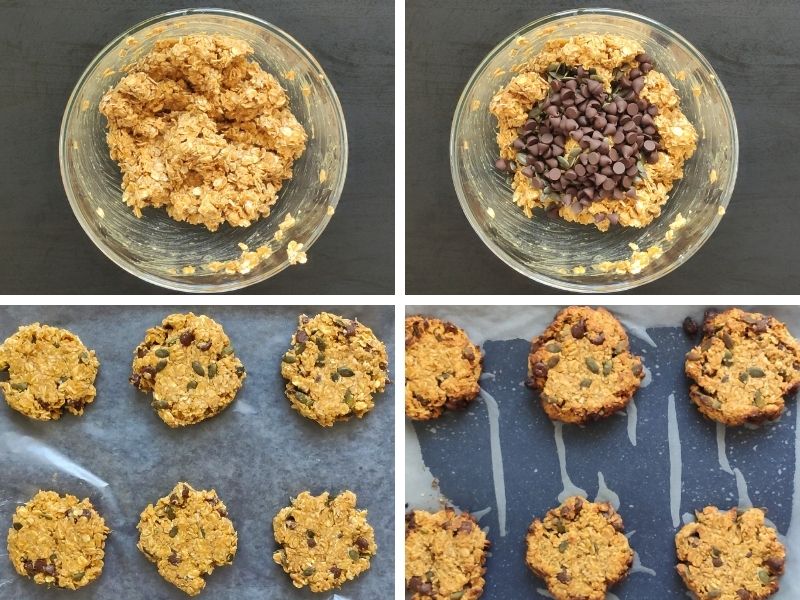 collage of 4 photo showing steps of making healthy pumpkin oatmeal cookies