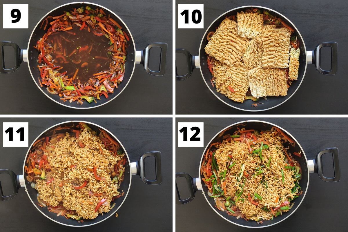 Collage of images of steps 9 to 12 of ramen with vegetables recipe.