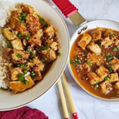 vegan orange tofu with rice in a bowl and more in a pan